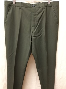 PAUL SMITH, Olive Green, Wool, Solid, Flat Front, Zip Front, Belt Loops,