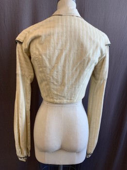 Womens, Historical Fiction Bodice, N/L MTO, Cream, Cotton, Stripes - Pin, W:24, B:32, 1850's Made To Order, Self Textured Fabric, Black/White Eyelet Lace Trim, L/S, Silver Embossed Buttons Over Hidden Hook & Eyes, Peter Pan Collar