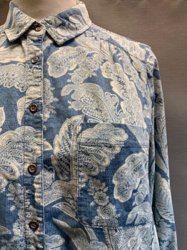Anthropologia, French Blue, Off White, Cotton, Paint Splatter, L/S, Button Front, C.A., Chest Pocket, Corduroy Textured