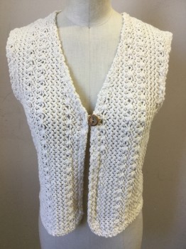 THE LIMITED, Cream, Cotton, Floral, Cream Machine Crochet Flower/wavy Vertical Pattern, V-neck, 1 Brown Wood Button Front,