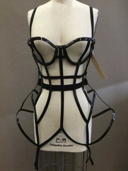 Womens, Sci-Fi/Fantasy Corset, CHROMAT, Black, Patent Leather, Solid, S, Cage Corset, Elastic Straps, Zip Back, Elastic Waistbands, Garter Strap, Merry Widow
