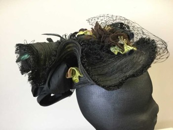 Womens, Hat 1890s-1910s, MTO, Black, Brown, Green, Horsehair, Feathers, Small Hat, Gathered In Back, Brown Felt Flowers, Velvet Green Leaves, Black Cotton Ribbon, Black Mesh, Black Feathers,