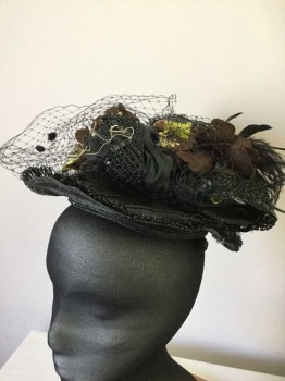 Womens, Hat 1890s-1910s, MTO, Black, Brown, Green, Horsehair, Feathers, Small Hat, Gathered In Back, Brown Felt Flowers, Velvet Green Leaves, Black Cotton Ribbon, Black Mesh, Black Feathers,