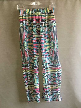BECCA, White, Pink, Blue, Yellow, Green, Polyester, Abstract , Sheer Polyester Plisse Elasticated Waist Pants