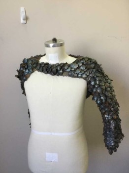 Unisex, Sci-Fi/Fantasy Top, N/L, Steel Blue, Teal Blue, Brown, Cotton, Novelty, Mottled, CH 34, Synthetic Mesh of Light Brown with Steely Blue Painted Pine Cone Pieces All Over. Asymmetric Shape. Single Sleeve