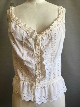 Womens, Camisole 1890s-1910s, White, Cream, Cotton, Floral, B34, Button Front, Slight V-neck, Eyelet, Cream Scallopped Trim with Open Work, Ribbon Drawstring Neck & Waist, Great Condition