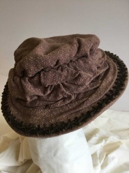 Womens, Hat 1890s-1910s, 20TH CENTURY FOX , Mauve Pink, Gray, Brown, Synthetic, Polyester, Plaid, Mauve-peach-gray Self Plaid W/knobs, with Brown Yarn Detail Stitches Along Brim, and Khaki,brown, Lt Beige Lining,