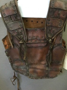 Mens, Historical Fict. Breastplate , Brown, Leather, Solid, 32/34, Lacing/Ties,  Up Sides Aged/Distressed,