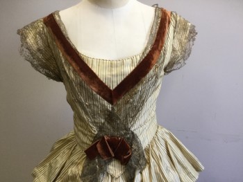 N/L, Cream, Brown, Gold, Polyester, Stripes - Vertical , Floral, Cream with Brown Vertical Thin Stripes Taffeta, Short Sleeves, Scoop Neck, Boned/Structured Bodice with Busk Closure in Back, Brown Lace Netting and Brown Velvet Trim, 4 Tiered Ruffled Full Skirt, Mid 1800's Made To Order Reproduction