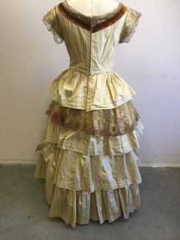 N/L, Cream, Brown, Gold, Polyester, Stripes - Vertical , Floral, Cream with Brown Vertical Thin Stripes Taffeta, Short Sleeves, Scoop Neck, Boned/Structured Bodice with Busk Closure in Back, Brown Lace Netting and Brown Velvet Trim, 4 Tiered Ruffled Full Skirt, Mid 1800's Made To Order Reproduction