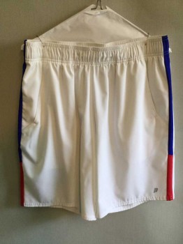 Prince, White, Blue, Red, Polyester, Tennis Shorts, White with Blue/Red Stripe Down Sides, Pocket, Elastic Smocked Waistband, 2 Pockets