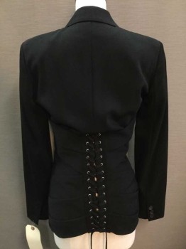 Jean Paul Gautier, Black, Wool, Solid, Half Zip Front, Bandage Strips At Front, Long Sleeves, 3 Buttons On Each Cuff, Notch Lapel, Back Center Lace Up Detail, Hidden Pockets