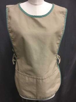 Womens, Apron , DAYSTAR, Tan Brown, Sea Foam Green, Polyester, Cotton, Solid, O/S, Tan Twill Body, with Seafoam Trim/Edges, Smock Style, Sleeveless, Open Sides, Self Ties At Sides, 2 Patch Pockets At Hem