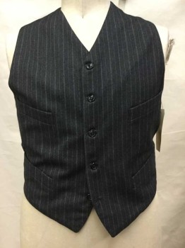 Mens, Vest 1890s-1910s, Dk Gray, Lt Gray, Wool, Stripes - Pin, Ch 42, Dark Gray with Light Gray Pinstripes, Button Front, 4 Pockets,