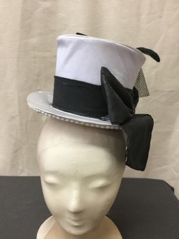 Womens, Hat , STARLINE, White, Black, Polyester, Feathers, White Satin Covered Tiny Top Hat with Big Black Bow and Band, Feathers and Net Decoration, Elastic Band