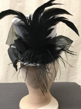 Womens, Hat , STARLINE, White, Black, Polyester, Feathers, White Satin Covered Tiny Top Hat with Big Black Bow and Band, Feathers and Net Decoration, Elastic Band