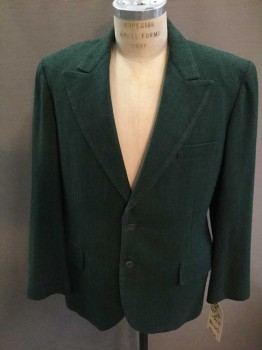 Mens, 1920s Vintage, Suit, Jacket, M.T.O., Dk Green, Wool, Herringbone, 36 , 40S, Open, Blend, Single Breasted, Peaked Lapel, 3 Pockets, 2 Buttons Made To Order