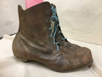 Womens, Sci-Fi/Fantasy Boots , CYDWOQ, Brown, Lt Blue, Leather, Solid, 10, Aged/Distressed,  Unusual Heel, High Ankle Lace Up
