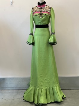GUCCI, Lime Green, Black, Pink, Beige, Silk, Beaded, Lime Green Silk Organza, Long Sleeves with Double Ruffle Cuff with Black Silk Ribbon Trim, Rhinestone and Black Beaded Chain Link Appliqué at Cuff, Black Velvet Waistband with Long Bow Tie in Back, Back Zip, Pink Mesh Floral Embroidered Collar with Black Fur Trim, Beige Crepe Silk Front Yoke Heavily Beaded and Embellished, Pink Mesh Above Bust, Double Pleated Ruffle Large Hem with Black Silk Ribbon Trim, Sheer Silk Organza Raw Pieces at Shoulder
