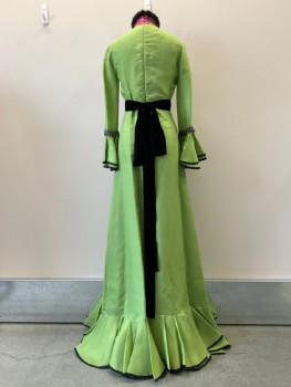 GUCCI, Lime Green, Black, Pink, Beige, Silk, Beaded, Lime Green Silk Organza, Long Sleeves with Double Ruffle Cuff with Black Silk Ribbon Trim, Rhinestone and Black Beaded Chain Link Appliqué at Cuff, Black Velvet Waistband with Long Bow Tie in Back, Back Zip, Pink Mesh Floral Embroidered Collar with Black Fur Trim, Beige Crepe Silk Front Yoke Heavily Beaded and Embellished, Pink Mesh Above Bust, Double Pleated Ruffle Large Hem with Black Silk Ribbon Trim, Sheer Silk Organza Raw Pieces at Shoulder