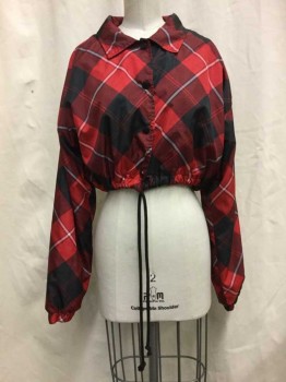 FOREVER 21, Red, Black, White, Synthetic, Plaid, Red/black/ White Plaid, Button Front, Collar Attached, Cropped, Drawstring Waist