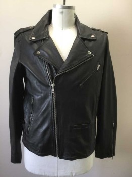 BLANK NYC, Black, Leather, Solid, Motorcycle Jacket, Long Sleeves, Zip Front, Ca, Epaulets, 4 Pockets, Double Back Side Waist Tabs