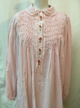 HOPELESS ROMANTIC, Lt Pink, Cotton, Solid, Lt Pink, Red/green Floral Embroiderred Button Placket, Smocked Yolk, Collar Attached, with Lace Trim, Long Sleeves, Double