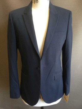 TOPMAN, Navy Blue, Polyester, Viscose, Solid, 1 Button, Peak Lapel, 3 Pockets, Textured Weave
