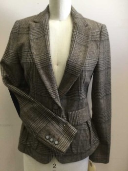 ZARA, Brown, Tan Brown, Black, Acetate, Plaid, Single Breasted, Small Notched Lapel, 1 Button, 2 Flap Pleated Pocket, Elbow Patches