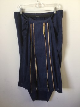 Mens, Historical Fiction Skirt, N/L, Navy Blue, Gold, Silk, Synthetic, Solid, W32, Egyptian Skirt in Raw Silk. Draped Skirt with Pleated Center Panel, Hook & Eye Closure on Elastic