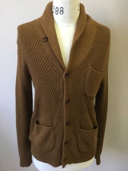J Crew, Caramel Brown, Cotton, Cable Knit, Cardigan: Shawl Collar B.f Side Pkt & 2 Front Pockets