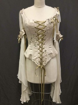 MTO, Beige, Cream, Silk, Polyester, Solid, Floral, BODICE -Deep Square Neckline, Angel Wing Long Sleeves, Lacing Front & Back, Bone & Bust Support. Detachable Upper Arm Cuffs