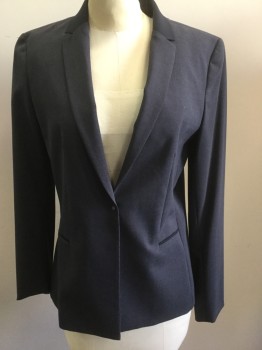 ELLIE TAHARI, Navy Blue, Wool, Solid, Heathered Dark Blue with Navy Insets, Notched Lapel, Snap Closure, Slit  Pockets