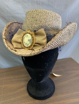 Womens, Historical Fiction Hat, N/L, Taupe, Navy Blue, Straw, Silk, Taupe Straw, Flat Crown, Brim Curved Up at Sides, Navy Netting Attached, Beige Grosgrain Bow with Large Gray/White Cameo Pin with Gold Edges at Center Front, Champagne Brocade at Top of Brim, Made To Order Reproduction
