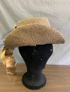 Womens, Historical Fiction Hat, N/L, Taupe, Navy Blue, Straw, Silk, Taupe Straw, Flat Crown, Brim Curved Up at Sides, Navy Netting Attached, Beige Grosgrain Bow with Large Gray/White Cameo Pin with Gold Edges at Center Front, Champagne Brocade at Top of Brim, Made To Order Reproduction