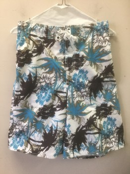 JEAN LEGACY, White, Turquoise Blue, Dk Brown, Olive Green, Nylon, Tropical , Palm Tree Silhouette Pattern, White Shoelace Style Lacing/Ties at Center Front, Velcro Closure at Fly, 3 Pockets, 9.5" Inseam