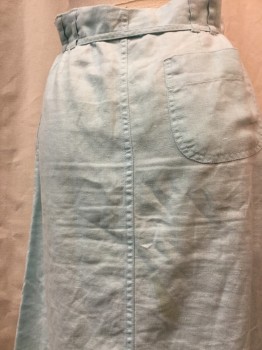 H & M, Mint Green, Cotton, Linen, Solid, Pencil with Center Seam, Zip Fly at Front, Skinny Self Belt at Waist. Stain at Back of Skirt.