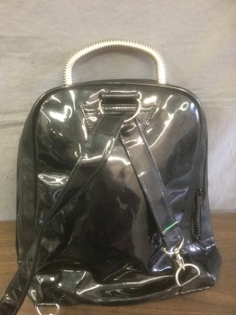 DIG, Black, Silver, Clear, Nylon, Plastic, Solid, Black Patent Body, Black Shiny Nylon Mesh Front with Clear "Bubble" Detail Surrounded By Gray Pleather Edge, Silver Stud Accents, Silver Coiled Metal Handle, Self Shoulder Strap