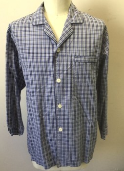 BROOKS BROTHERS, Blue, White, Navy Blue, Cotton, Plaid, Plaid-  Windowpane, White with Navy and Blue Plaid/Windowpane, Long Sleeve Button Front, Rounded Notched Collar, Navy Piping Trim at Button Placket/Front, Collar, and 1 Patch Pocket at Chest