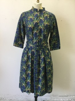 PALAVA, Navy Blue, Green, Brown, Cotton, Novelty Pattern, Floral, Lounging Leopard Print, 60's Vintage Inspired, Button Front, Band Collar, Pleated Skirt, Self Belt, Belt Loops, 3/4 Sleeves with Split Cuff, Gathered at Yoke, 2 Pockets  ** Barcode Behind Pocket**