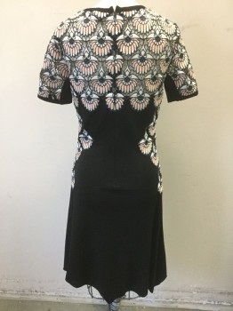 YYIGAL, Black, Peach Orange, White, Rayon, Nylon, Solid, Abstract , Sleeves, Shoulders and Sides are Black with Peach and White Abstract Patterned Lacework, Short Sleeves, Round Neck,  Body of Dress is Solid Black, A-Line, Knee Length