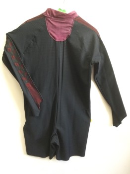 Mens, Jumpsuit, MTO, Black, Dk Red, Red, Synthetic, Grid , 36+, Black Self Grid Unitard, Zip Back, Raglan Long Sleeves, with Thumb Stirrup, Dark Red/Black Novelty Pattern Stand Collar Attached with Horseshoe Neck Panel Front, Metallic Red Stripe Doewn Sleeves with Black/Red Grid Center of Stripe