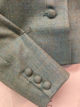 Womens, Historical Fiction Jacket, ERIC WINTERLING, INC, Teal Green, Lt Brown, Tan Brown, Wool, Polyester, Heathered, Herringbone, W 26, B32, Heather Teal, Light Brown, Tan Herringbone, Shinny Khaki Lining, Stand Collar Attached, Cover Button Front, Puffy Long Sleeves, Accordion Pleat Back Hem