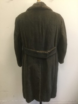 Mens, Coat, N/L MTO, Brown, Faux Fur, Solid, 44, Faux Beaver/Raccoon (?) Fur, Single Breasted, Shawl Lapel, 2 Buttons, 2 Pockets, Lining is Brown with Tan Tattersall Pattern Cotton, Self Belt Attached at Back Waist, Made To Order Reproduction, Has Triples