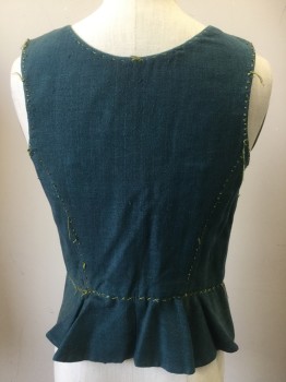 Womens, Historical Fiction Bodice, N/L, Teal Green, Lime Green, Silk, Cotton, Solid, W23, B34, Noil Silk, Hand Stitched Eyelets in Lime Green, French Knots and 'X' As Details, Lightly Boned with Steel