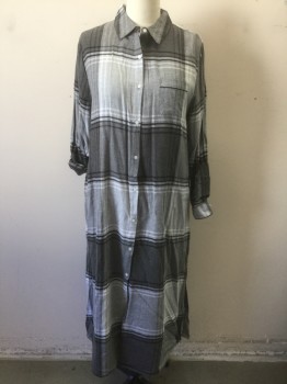 DONNA KARAN, Gray, Dk Gray, Lt Gray, White, Black, Cotton, Viscose, Plaid, Night Shirt, Plaid Flannel, Long Sleeves with Loops to Cuff at Elbows, Button Front, Ankle Length with Slits at Sides and Front, 1 Pocket at Chest