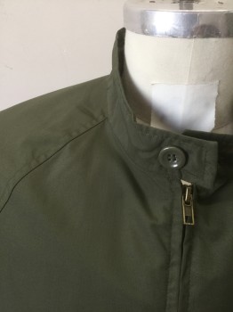 ST.JOHN'S BAY, Olive Green, Nylon, Solid, Zip Front, Stand Collar, Raglan Sleeves, 2 Zip Pockets, Beige Solid Cotton Lining