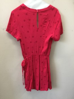 Womens, Romper, ANTHROPOLOGIE, Fuchsia Pink, Silk, Dots, L, Embroidery Self Color Circles and Dots, Surplice Top, Short Sleeves, Gathered Bottom, Shorts, Wrap Skirt Tie Side, Keyhole Back