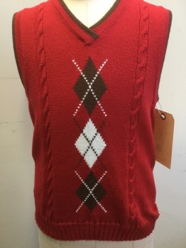 GLORIMONT, Red, White, Brown, Cotton, Cable Knit, Argyle, Red with Brown Trim, Cable Knit, V-neck, Pull Over Knit Sweater Vest, Argyle Front