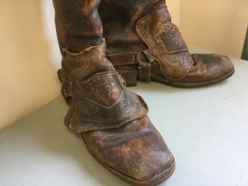 Mens, Historical Fiction Boots , FOX 19, Brown, Lt Brown, Leather, Mottled, 12, Cavalier Boots, Aged/distress, Very Tall with Short Belt with Brass Buckle Back, Embossed Floral Butterfly Leather Flap Front With Stirrup Straps, Square Toe
